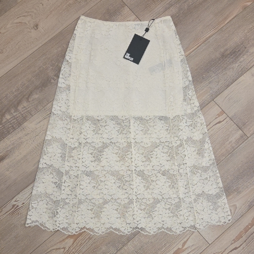 The Kooples Elegant Lace A-Line Midi Skirt With Semi Partial Lining- In Ecru